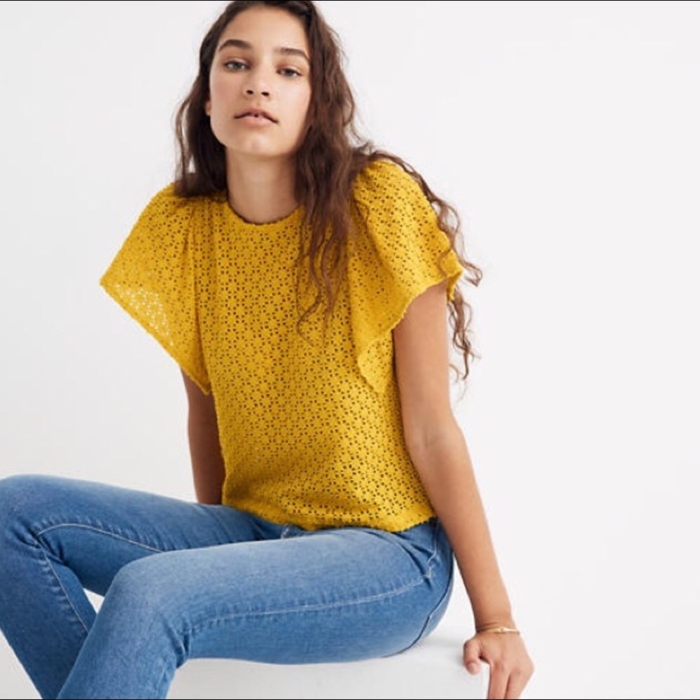 NWT MADEWELL Texture Thread mustard eyelet top S - Picture 1 of 4